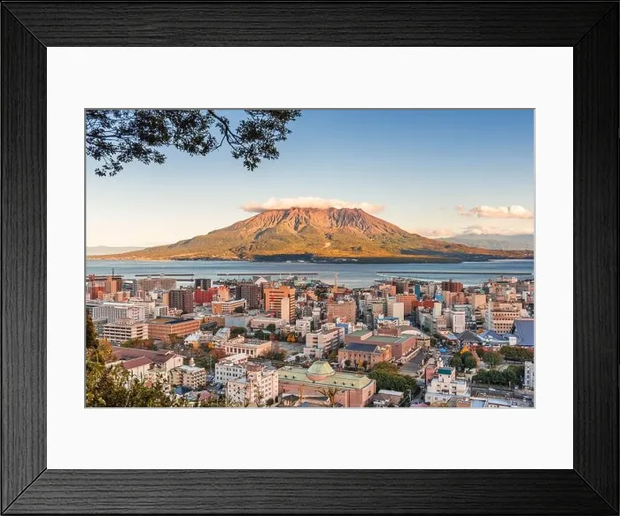 Framed Print : Kagoshima, Japan skyline with Sakurajima Volcano at dusk Framed Print : Kagoshima, Japan skyline with Sakurajima Volcano at dusk