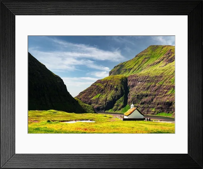 Framed Print : Sunny summer view of traditional turf-top church Saksunar Kirkja Framed Print : Sunny summer view of traditional turf-top church Saksunar Kirkja