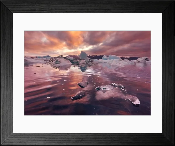Framed Print : Orange sunset and icebergs in Jokulsarlon glacial lagoon. Vatnajokull National Park, southeast Iceland, Europe. Landscape photography Framed Print : Orange sunset and icebergs in Jokulsarlon glacial lagoon. Vatnajokull National Park, southeast Iceland, Europe. Landscape photography