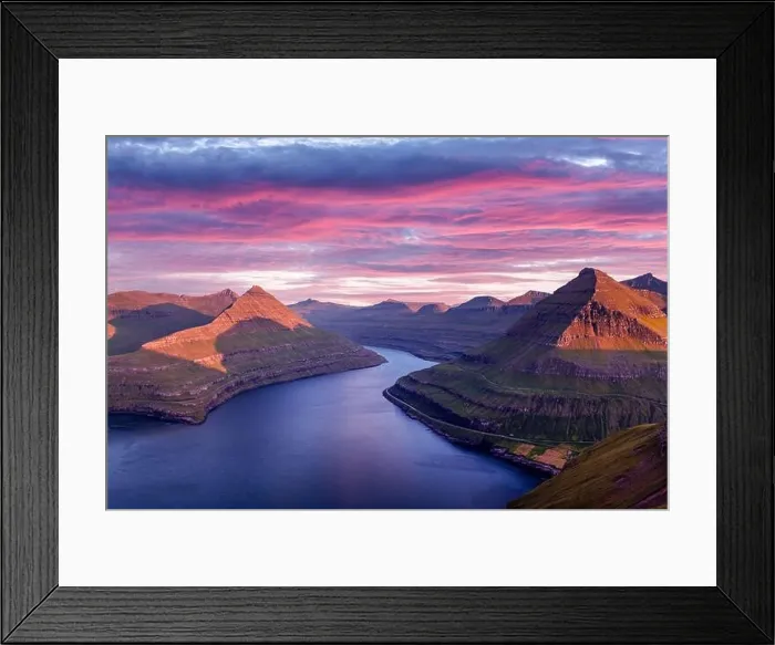 Framed Print : Incredible purple sunset over majestic fjords of Funningur