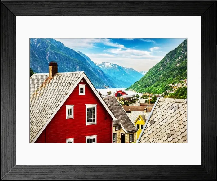 Framed Print : Typical norwegian houses near fjord and snowy mountains. Norway, Europe. Landscape photography Framed Print : Typical norwegian houses near fjord and snowy mountains. Norway, Europe. Landscape photography