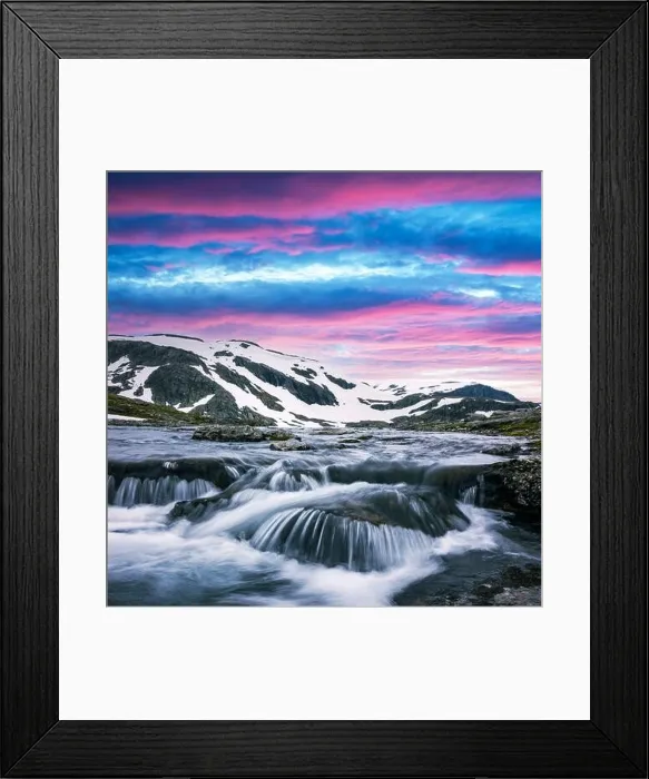 Framed Print : Colorful sunrise on snowy norwegian mountains and clear river near the famous Aurlandsvegen (Bjorgavegen), mountain road, Aurland, Norway Framed Print : Colorful sunrise on snowy norwegian mountains and clear river near the famous Aurlandsvegen (Bjorgavegen), mountain road, Aurland, Norway