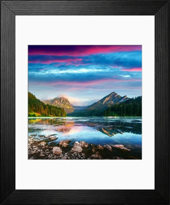 Framed Print : Peaceful summer view on Obersee lake in Swiss Alps. Sunrise sky and mountains reflections in clear water. Nafels village, Switzerland Framed Print : Peaceful summer view on Obersee lake in Swiss Alps. Sunrise sky and mountains reflections in clear water. Nafels village, Switzerland