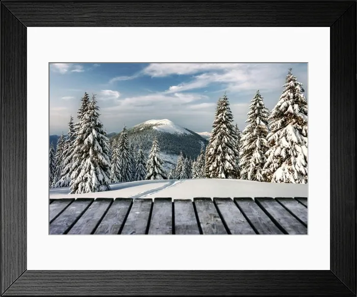 Framed Print : Fantastic winter landscape with snowy trees and wooden terrace. Carpathian mountains, Ukraine, Europe. Christmas holiday concept Framed Print : Fantastic winter landscape with snowy trees and wooden terrace. Carpathian mountains, Ukraine, Europe. Christmas holiday concept