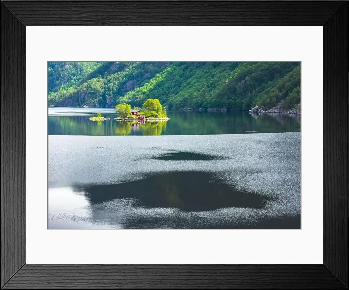 Framed Print : Breathtaking view of small island with red house in Lovrafjorden fjord, Norway. Landscape photography