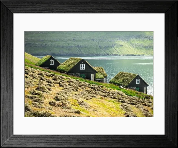 Framed Print : Picturesque view of tradicional faroese grass-covered houses in the village Bour during autumn. Vagar island, Faroe Islands, Denmark