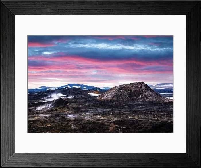 Framed Print : Incredible sunset view of Reeky lavas field in the geothermal valley Leirhnjukur, near Krafla volcano, Iceland. Landscape photography Framed Print : Incredible sunset view of Reeky lavas field in the geothermal valley Leirhnjukur, near Krafla volcano, Iceland. Landscape photography