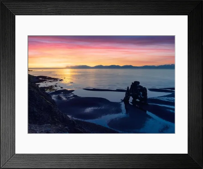 Framed Print : Basalt stack Hvitserkur on the Vatnsnes peninsula, Iceland, Europe in low tide time. Great purple sky glowing on background. Landscape photography Framed Print : Basalt stack Hvitserkur on the Vatnsnes peninsula, Iceland, Europe in low tide time. Great purple sky glowing on background. Landscape photography