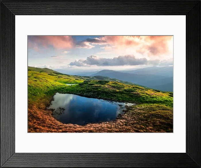 Framed Print : Mountain lake on sunrise time. Picturesque summer landscape with green mountain hills and sun rays in morning sky. Carpathian mountains Framed Print : Mountain lake on sunrise time. Picturesque summer landscape with green mountain hills and sun rays in morning sky. Carpathian mountains