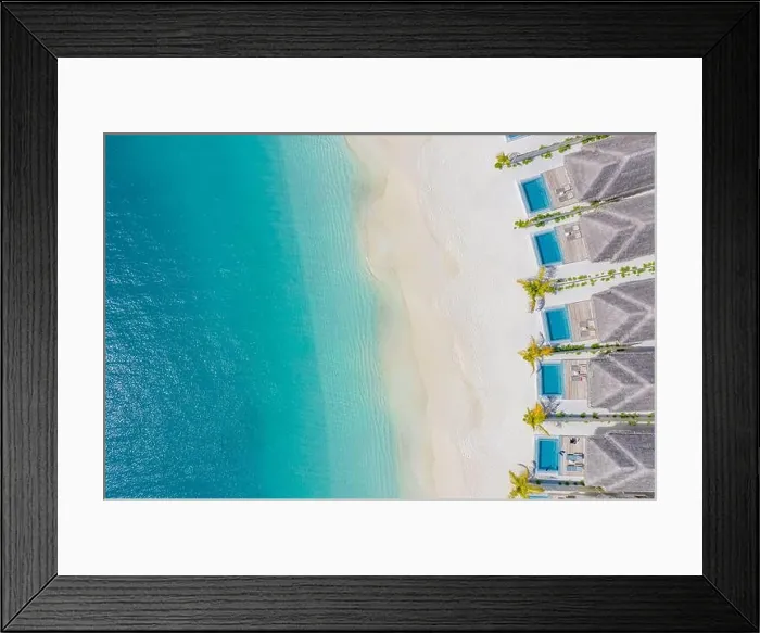 Framed Print : Maldives paradise scenery. Tropical aerial landscape, seascape with long jetty, water villas with amazing sea and exotic lagoon beach, tropical nature