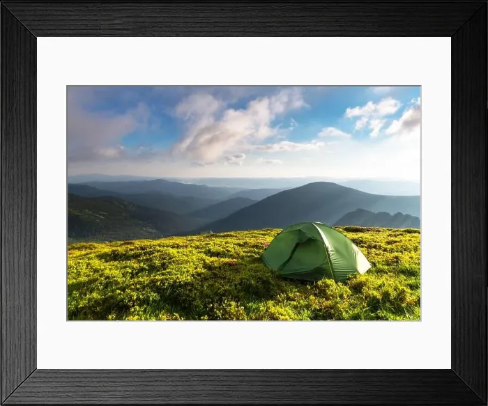 Framed Print : Green tent on amazing meadow in spring mountains. Landscape photography, travel concept Framed Print : Green tent on amazing meadow in spring mountains. Landscape photography, travel concept