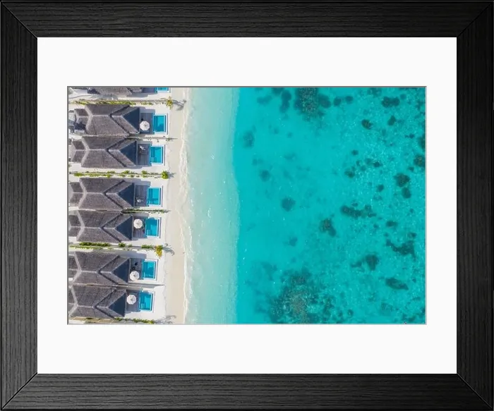 Framed Print : Maldives paradise scenery. Tropical aerial landscape, seascape with long jetty, water villas with amazing sea and exotic lagoon beach, tropical nature Framed Print : Maldives paradise scenery. Tropical aerial landscape, seascape with long jetty, water villas with amazing sea and exotic lagoon beach, tropical nature