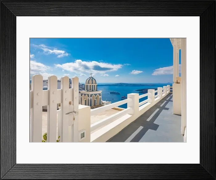 Framed Print : Amazing sunny panorama of Santorini island. Picturesque summer scene of famous Greek destination Greece, Europe. White architecture traveling concept Framed Print : Amazing sunny panorama of Santorini island. Picturesque summer scene of famous Greek destination Greece, Europe. White architecture traveling concept