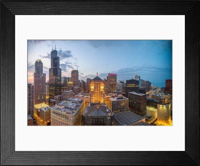 Framed Print : Chicago, Illinois, USA aerial downtown skyline at dusk