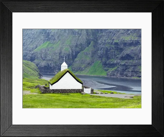 Framed Print : Sunny summer view of traditional turf-top church Saksunar Kirkja Framed Print : Sunny summer view of traditional turf-top church Saksunar Kirkja