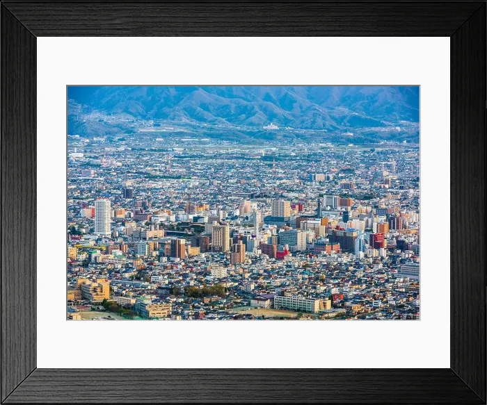 Framed Print : Kofu, Yamanashi, Japan downtown city skyline from the mountains at dusk Framed Print : Kofu, Yamanashi, Japan downtown city skyline from the mountains at dusk
