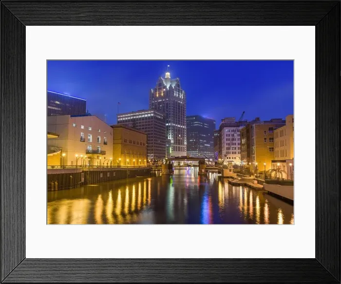 Framed Print : Milwaukee, Wisconsin, USA downtown skyline on the Milwaukee River in the evening Framed Print : Milwaukee, Wisconsin, USA downtown skyline on the Milwaukee River in the evening