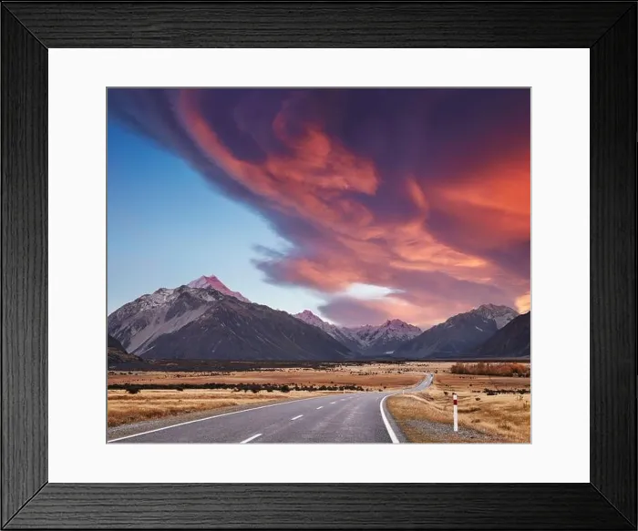 Framed Print : Landscape with road and snowy mountains at sunrise, Southern Alps, New Zealand Framed Print : Landscape with road and snowy mountains at sunrise, Southern Alps, New Zealand