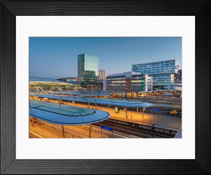 Framed Print : Utrecht, Netherlands cityscape over train station platforms at dawn Framed Print : Utrecht, Netherlands cityscape over train station platforms at dawn
