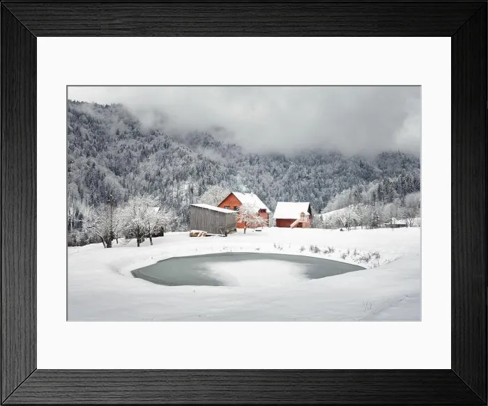 Framed Print : Fantastic landscape with snowy mountains, trees and houses. Carpathian mountains, Ukraine, Europe Framed Print : Fantastic landscape with snowy mountains, trees and houses. Carpathian mountains, Ukraine, Europe