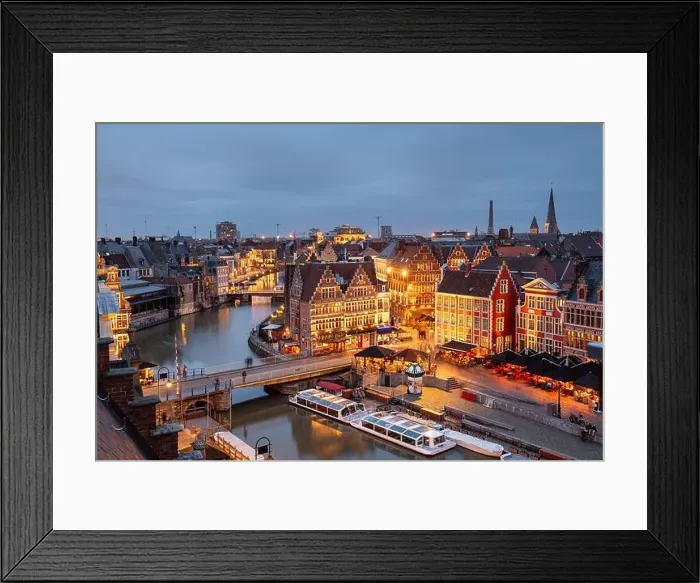 Framed Print : Ghent, Belgium old town cityscape over the Graslei are at dusk Framed Print : Ghent, Belgium old town cityscape over the Graslei are at dusk