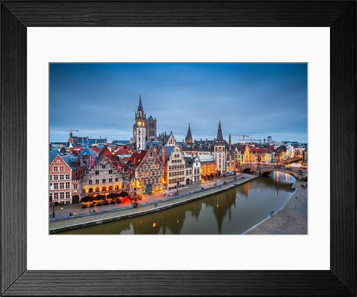Framed Print : Ghent, Belgium old town cityscape from the Graslei area at dusk Framed Print : Ghent, Belgium old town cityscape from the Graslei area at dusk