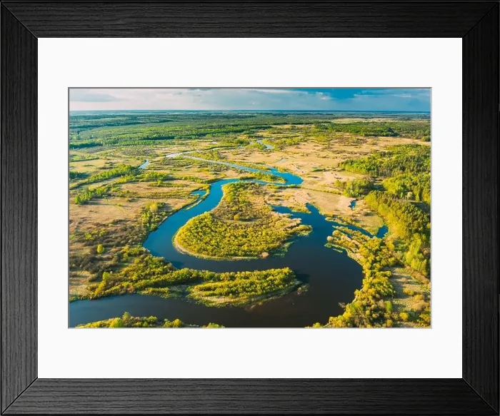 Framed Print : Aerial View Green Forest Woods And River Landscape In Sunny Spring Summer Day. Top View Of Beautiful European Nature From High Attitude In Autumn Framed Print : Aerial View Green Forest Woods And River Landscape In Sunny Spring Summer Day. Top View Of Beautiful European Nature From High Attitude In Autumn