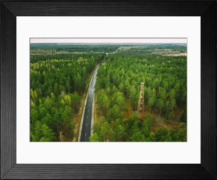 Framed Print : Aerial View Of Road Through Spring Forest Landscape. Top View Of Fire Lookout Tower Framed Print : Aerial View Of Road Through Spring Forest Landscape. Top View Of Fire Lookout Tower