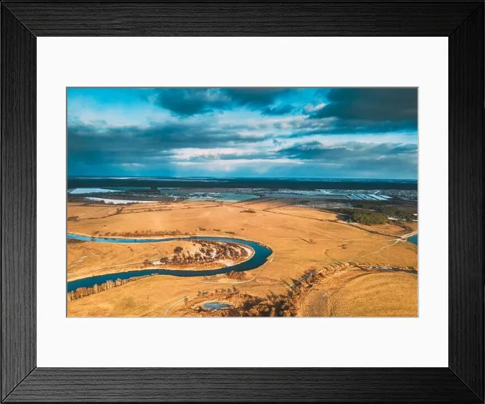 Framed Print : Europe. Aerial View Of Dry Grass And Partly Frozen Curved River Landscape In Autumn Day. High Attitude View. Marsh Bog. Drone View. Bird's Eye View Framed Print : Europe. Aerial View Of Dry Grass And Partly Frozen Curved River Landscape In Autumn Day. High Attitude View. Marsh Bog. Drone View. Bird's Eye View