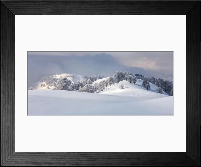 Framed Print : Amazing view of mountains range and snow-capped peaks in winter time. Forest with frost glowing with bright warm sunrise light Framed Print : Amazing view of mountains range and snow-capped peaks in winter time. Forest with frost glowing with bright warm sunrise light