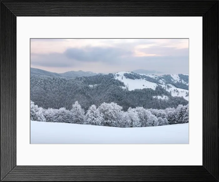 Framed Print : Amazing view of mountains range and snow-capped peaks in winter time. Forest with frost glowing with bright warm sunrise light Framed Print : Amazing view of mountains range and snow-capped peaks in winter time. Forest with frost glowing with bright warm sunrise light