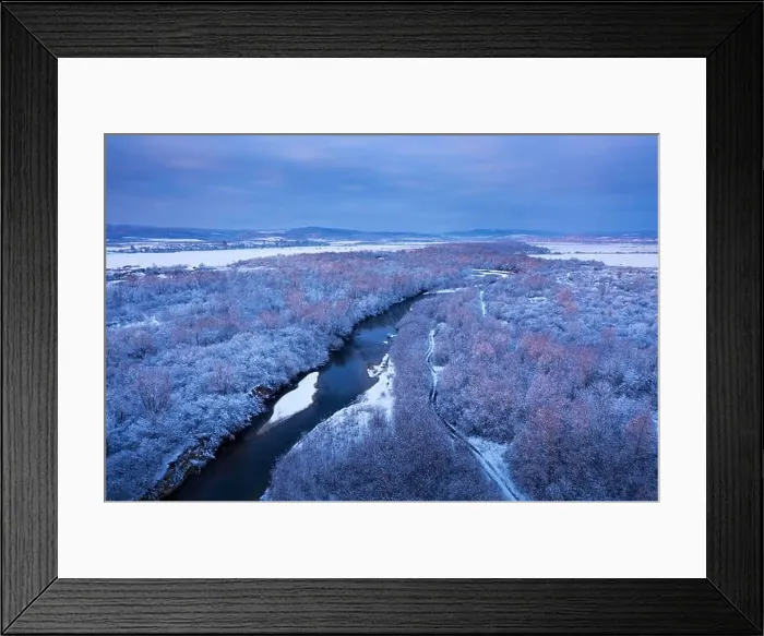 Framed Print : Flight through majestic river, frozen forest and frosty winter fields at sunrise time. Landscape photography Framed Print : Flight through majestic river, frozen forest and frosty winter fields at sunrise time. Landscape photography