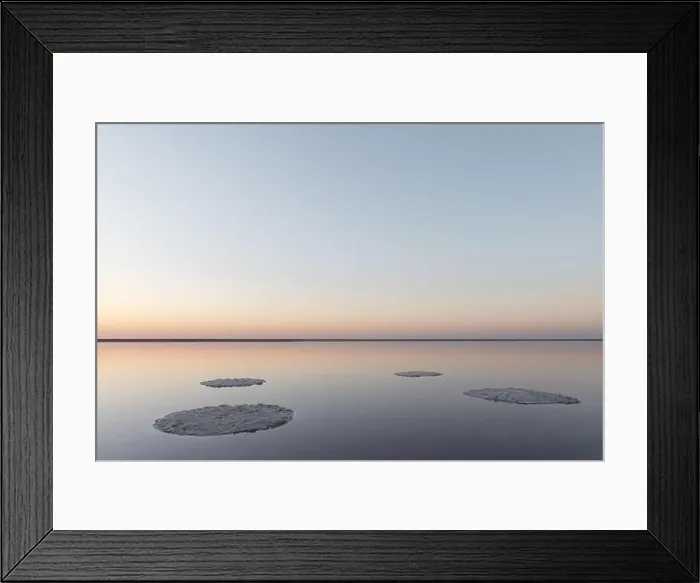 Framed Print : Tranquil minimalist landscape with smooth surface of the pink salt lake with calm water with horizon with clear sky in sunrise time Framed Print : Tranquil minimalist landscape with smooth surface of the pink salt lake with calm water with horizon with clear sky in sunrise time