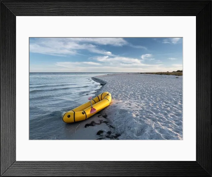 Framed Print : Yellow packraft rubber boat with red padle on a sea coast. Packrafting. Active lifestile concept Framed Print : Yellow packraft rubber boat with red padle on a sea coast. Packrafting. Active lifestile concept