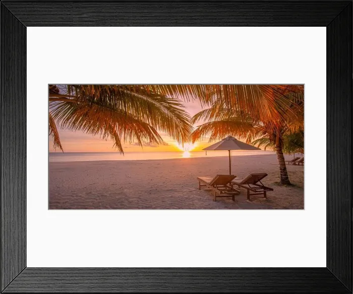 Framed Print : Stunning sunset beach scene. Chairs on the sandy beach near the sea. Summer holiday and vacation concept tourism. Inspirational tropical landscape Framed Print : Stunning sunset beach scene. Chairs on the sandy beach near the sea. Summer holiday and vacation concept tourism. Inspirational tropical landscape