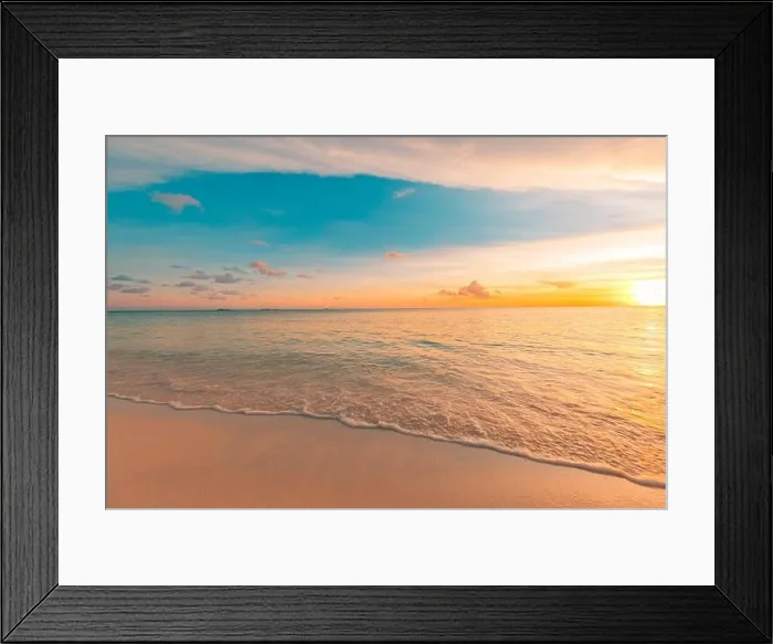 Framed Print : Closeup sea sand beach. Panoramic beach landscape. Inspire tropical beach seascape horizon. Orange and golden sunset sky calmness tranquil relaxing Framed Print : Closeup sea sand beach. Panoramic beach landscape. Inspire tropical beach seascape horizon. Orange and golden sunset sky calmness tranquil relaxing