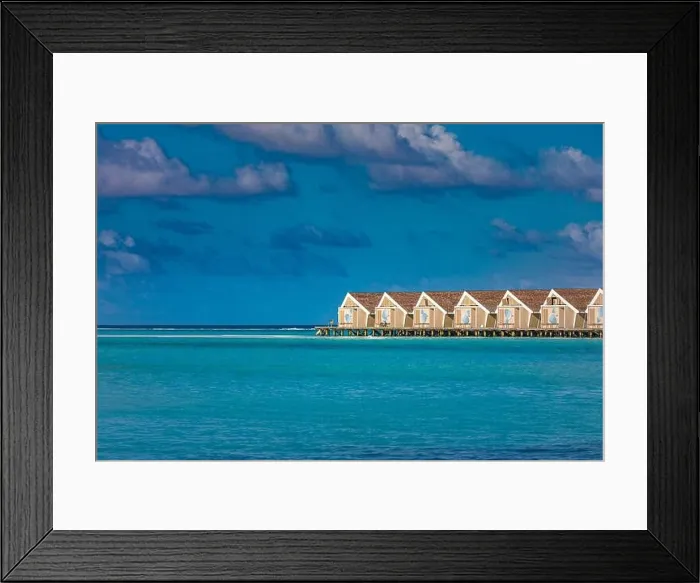 Framed Print : Beautiful ocean lagoon with water bungalows at Maldives, sunny blue cloudy sky. relax tropical vacation, holiday landscape Framed Print : Beautiful ocean lagoon with water bungalows at Maldives, sunny blue cloudy sky. relax tropical vacation, holiday landscape