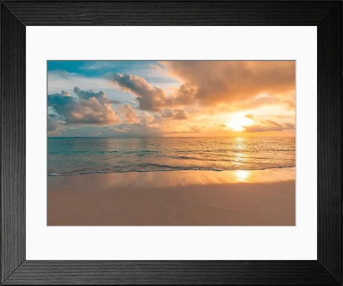 Framed Print : Closeup sea sand beach. Panoramic beach landscape. Inspire tropical beach seascape horizon. Orange and golden sunset sky calmness tranquil relaxing Framed Print : Closeup sea sand beach. Panoramic beach landscape. Inspire tropical beach seascape horizon. Orange and golden sunset sky calmness tranquil relaxing