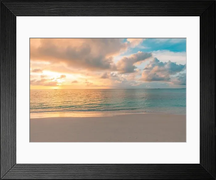 Framed Print : Closeup sea sand beach. Panoramic beach landscape. Inspire tropical beach seascape horizon. Orange and golden sunset sky calmness tranquil relaxing Framed Print : Closeup sea sand beach. Panoramic beach landscape. Inspire tropical beach seascape horizon. Orange and golden sunset sky calmness tranquil relaxing