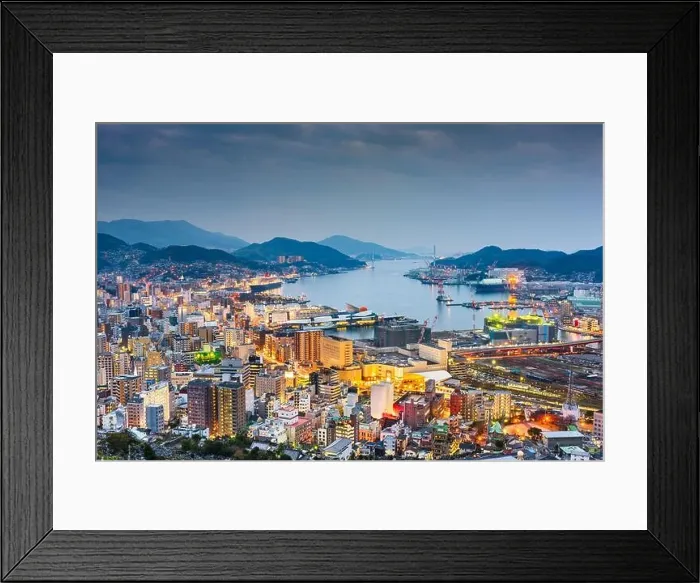 Framed Print : Nagasaki, Japan downtown cityscape on the bay at twilight Framed Print : Nagasaki, Japan downtown cityscape on the bay at twilight