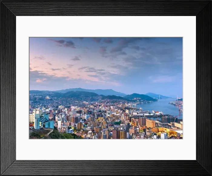 Framed Print : Nagasaki, Japan downtown cityscape on the bay at twilight Framed Print : Nagasaki, Japan downtown cityscape on the bay at twilight