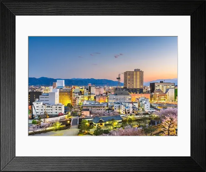 Framed Print : Kofu, Yamanashi, Japan downtown cityscape in springtime at dusk Framed Print : Kofu, Yamanashi, Japan downtown cityscape in springtime at dusk