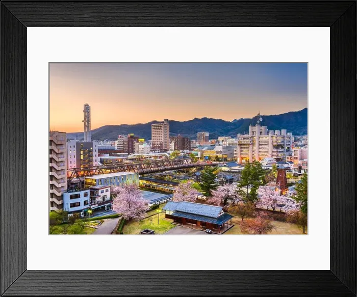 Framed Print : Kofu, Yamanashi, Japan downtown cityscape in springtime at dusk Framed Print : Kofu, Yamanashi, Japan downtown cityscape in springtime at dusk