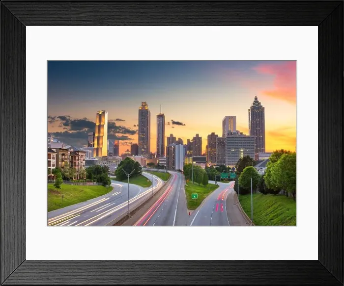 Framed Print : Atlanta, Georgia, USA downtown city skyline over Freedom Parkway at dusk