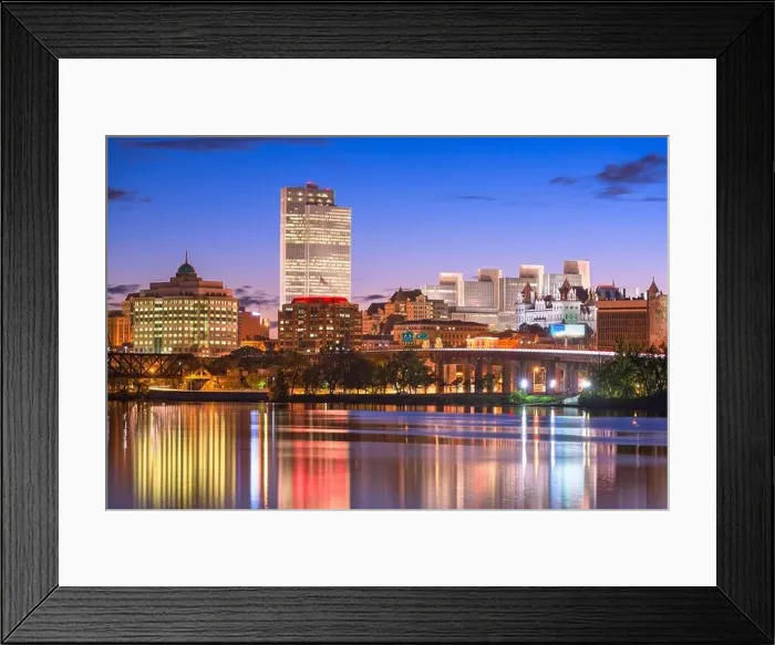 Framed Print : Albany, New York, USA skyline on the Hudson River at sunset Framed Print : Albany, New York, USA skyline on the Hudson River at sunset