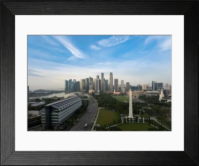 Framed Print : Panorama of Singapore business district skyline and Singapore skyscraper with War Memorial Park in morning at Marina Bay, Singapore. Asian tourism, mo