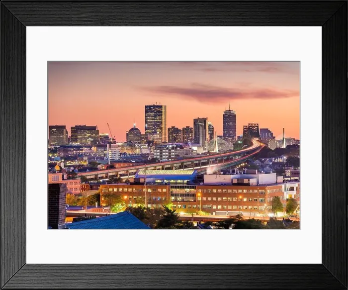 Framed Print : Boston, Massachusetts, USA skyline with bridges and highways at dusk Framed Print : Boston, Massachusetts, USA skyline with bridges and highways at dusk