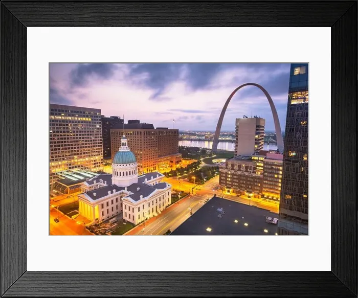 Framed Print : St. Louis, Missouri, USA downtown cityscape with the arch and courthouse at dusk Framed Print : St. Louis, Missouri, USA downtown cityscape with the arch and courthouse at dusk
