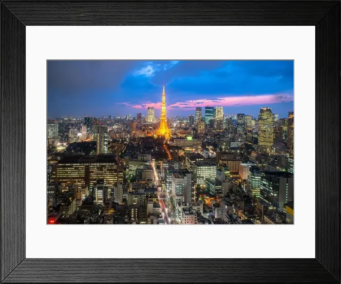 Framed Print : Tokyo city skyline view and office business building skyscraper downtown center with Tokyo Tower at evening in Japan. Asia tourism, modern city life Framed Print : Tokyo city skyline view and office business building skyscraper downtown center with Tokyo Tower at evening in Japan. Asia tourism, modern city life