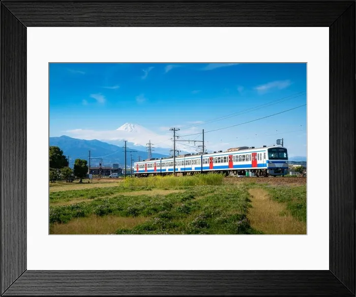 Framed Print : A local train of JR Izuhakone Tetsudo-Sunzu Line traveling through the countryside on a sunny spring day and Mt. Fuji in Mishima, Shizuoka, Japan. Rai Framed Print : A local train of JR Izuhakone Tetsudo-Sunzu Line traveling through the countryside on a sunny spring day and Mt. Fuji in Mishima, Shizuoka, Japan. Rai